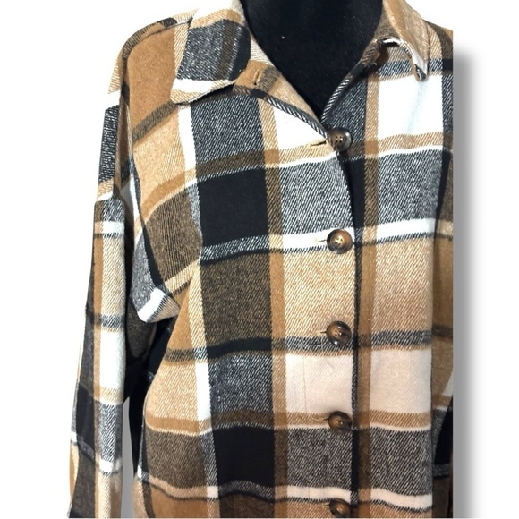 Unbranded Women's Long Sleeve Button Down Tan/Black/White Loose Flannel Shirt - Picture 5 of 15